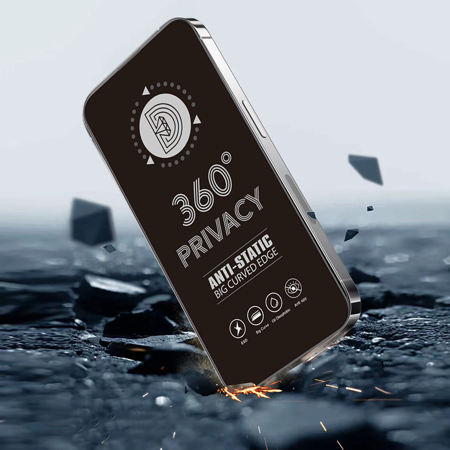 Obraz przedstawia telefon z nałożonym szkłem hartowanym, na którym widnieje tekst: \'360° Privacy, Anti-Static, Big Curved Edge\'. W tle widać rozpryskujące się kawałki materiału.
