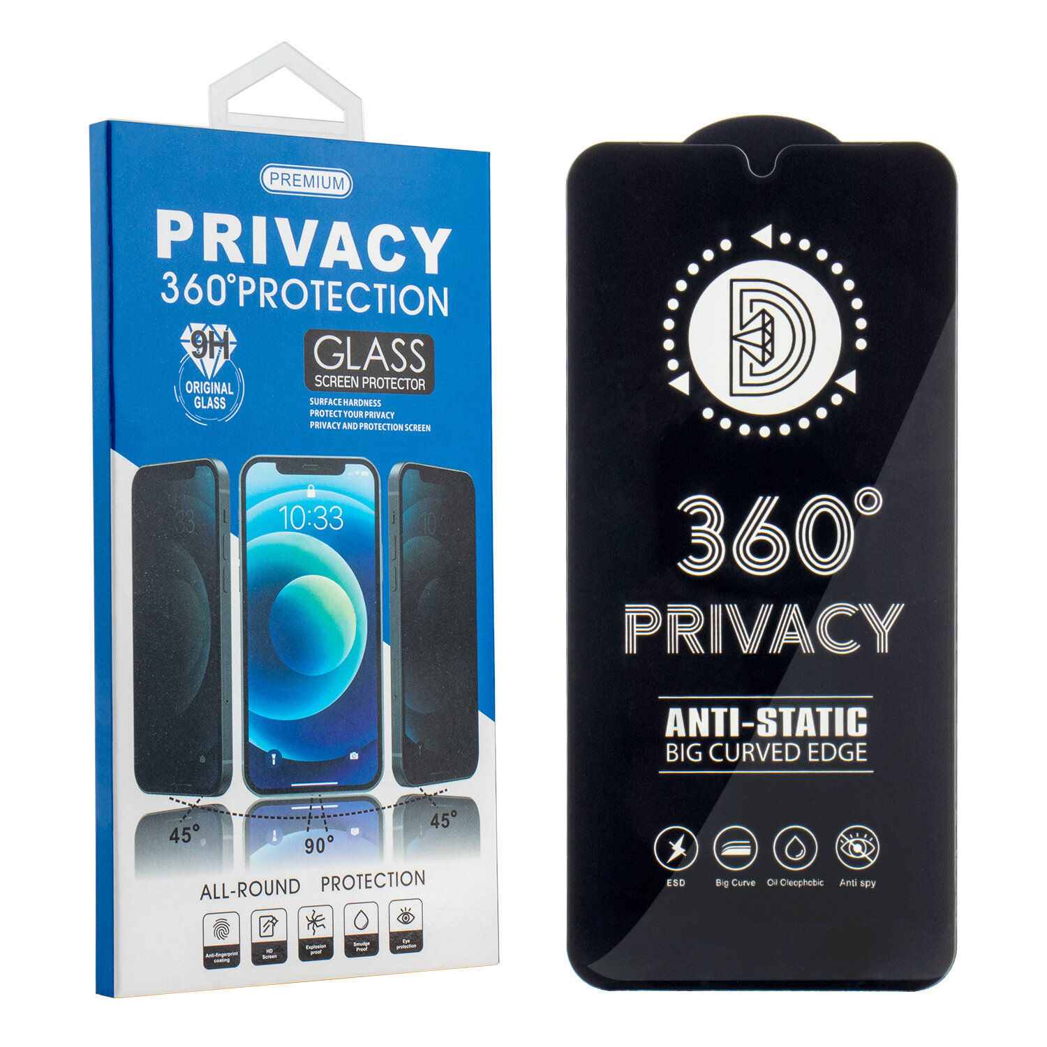Opakowanie produktu \'Privacy 360° Protection\' z grafiką przedstawiającą telefon z założonym szkłem ochronnym. Na czarnym tle widnieje napis \'360° Privacy Anti-Static Big Curved Edge\'.