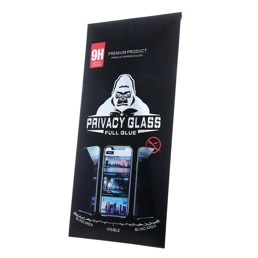Opakowanie produktu z napisem \'PRIVACY GLASS FULL GLUE\' oraz grafiką przedstawiającą telefon z efektem prywatności. Widoczny jest również napis \'9H UPDATED VERSION PREMIUM PRODUCT PREMIUM TEMPERED GLASS\'.