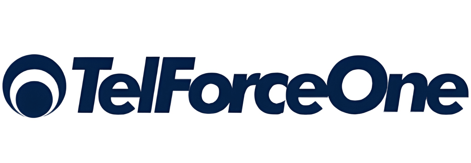 Logo z napisem \'TelForceOne\' w ciemnoniebieskim kolorze, z okrągłym symbolem po lewej stronie.