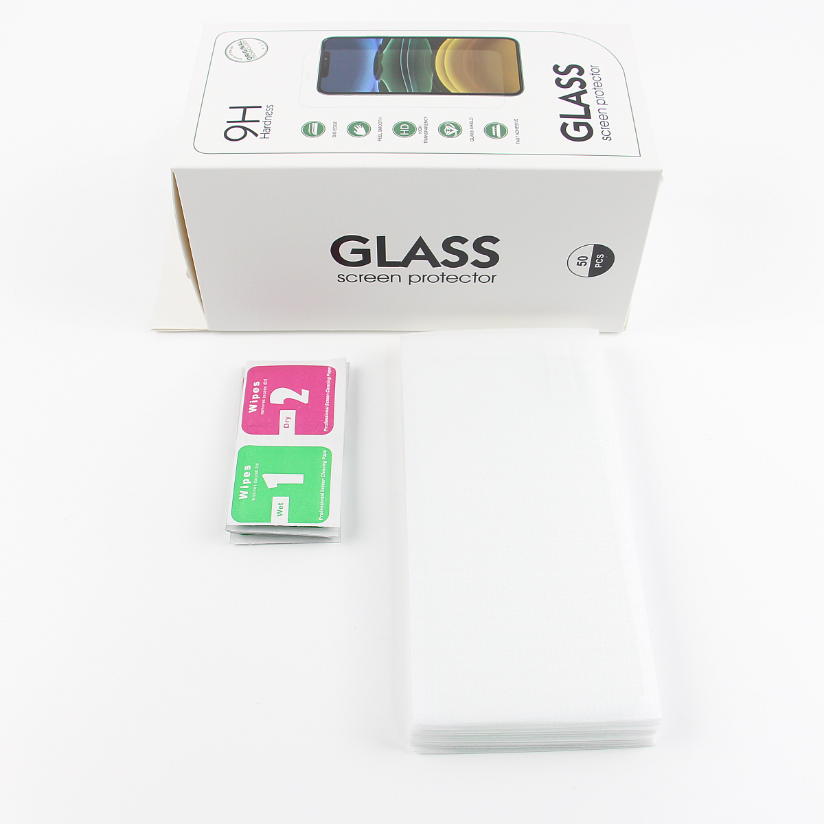 Na obrazie znajduje się opakowanie z napisem \'GLASS screen protector\' oraz zestaw ściereczek oznaczonych numerami 1 i 2. Opakowanie zawiera informacje o twardości 9H i liczbie 50 sztuk.