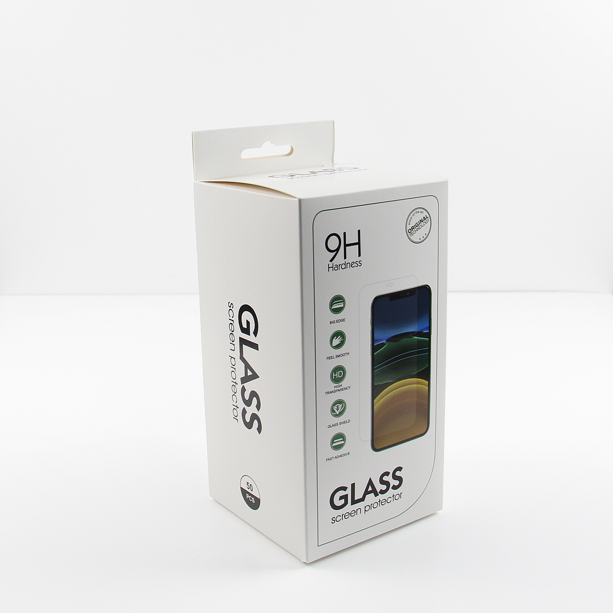 Opakowanie szkła hartowanego z napisem \'9H Hardness\' oraz \'GLASS screen protector\'. Widoczne są ikony z cechami produktu, takie jak \'HD Transparency\' i \'Glass Shield\'.