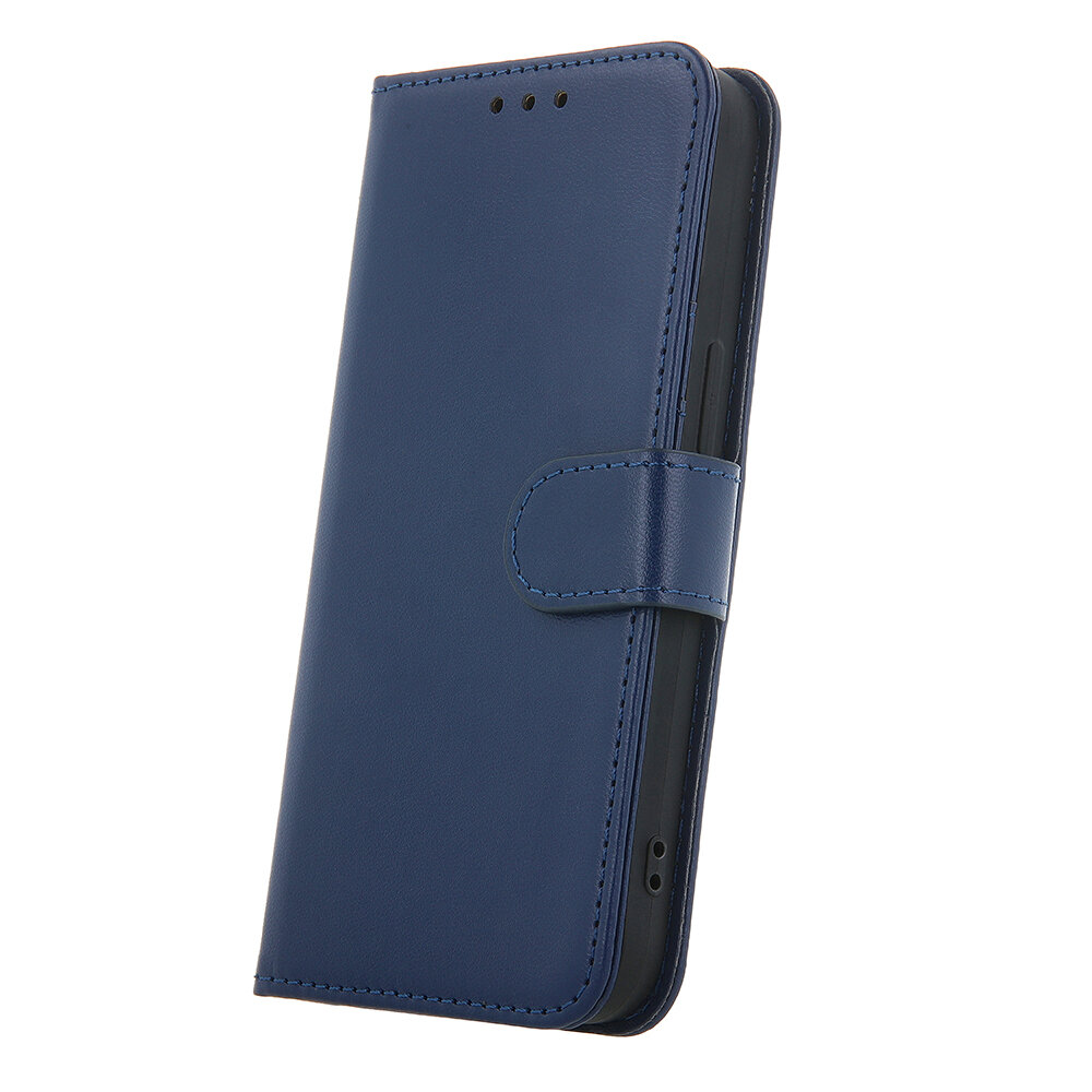 Granatowe etui na telefon z klapką, posiada trzy otwory na górze oraz zapięcie na magnes.