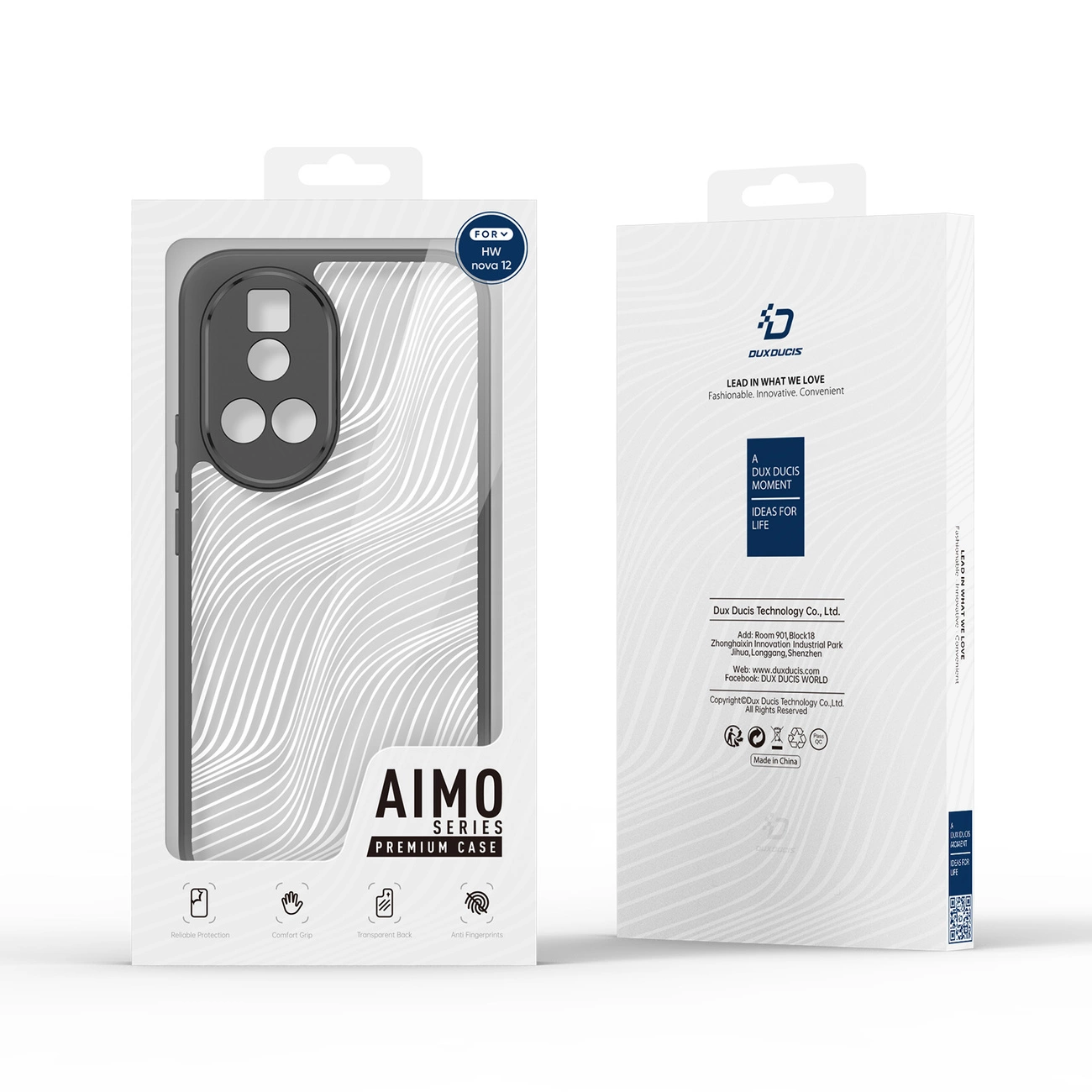 Opakowanie etui Dux Ducis Aimo do Huawei Nova 12 w kolorze czarnym, z widocznym logo producenta i napisem \'AIMO SERIES PREMIUM CASE\'. Na opakowaniu znajdują się również ikony symbolizujące ochronę, wygodny uchwyt, przezroczyste plecy i odporność na odciski palców.