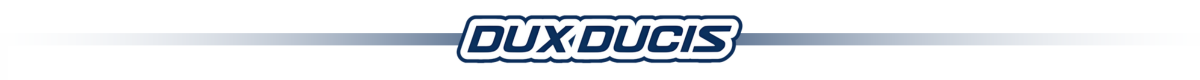 Logo DUX DUCIS na białym tle z niebieskim gradientem po bokach.