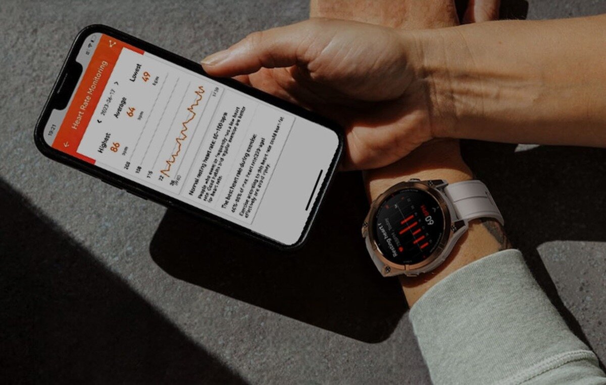 Monitorowanie tętna w smartwatchu Zeblaze Stratos 4 Pro. Na ekranie zegarka widoczny puls, obok smartfon z otwartą aplikacją i wykresami tętna