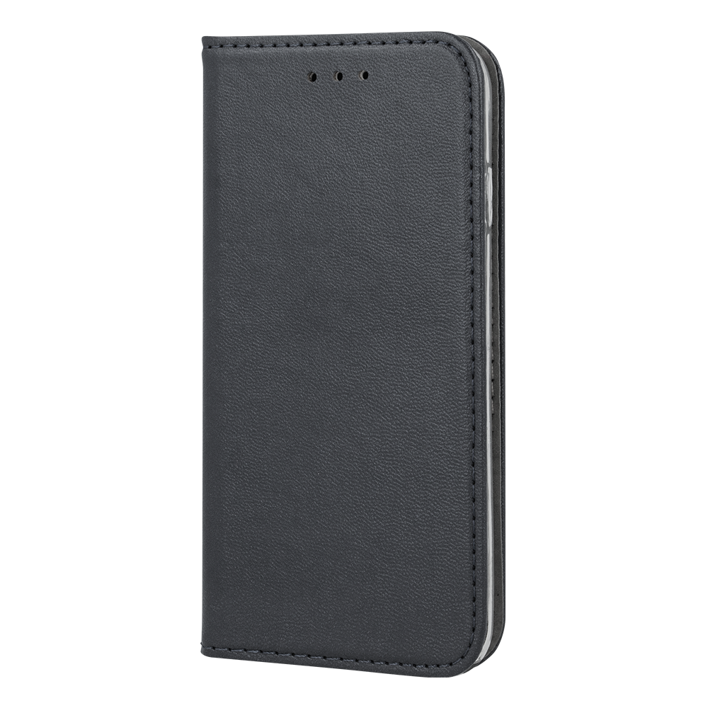 Czarne etui na telefon z klapką, wykonane z materiału imitującego skórę, z trzema otworami na górze. Etui jest zamknięte, a jego krawędzie są starannie obszyte.