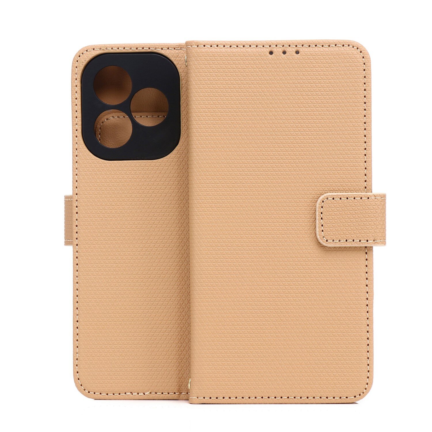 Brązowe etui na telefon z teksturą, z trzema okrągłymi wycięciami na aparat i zapięciem na magnes.