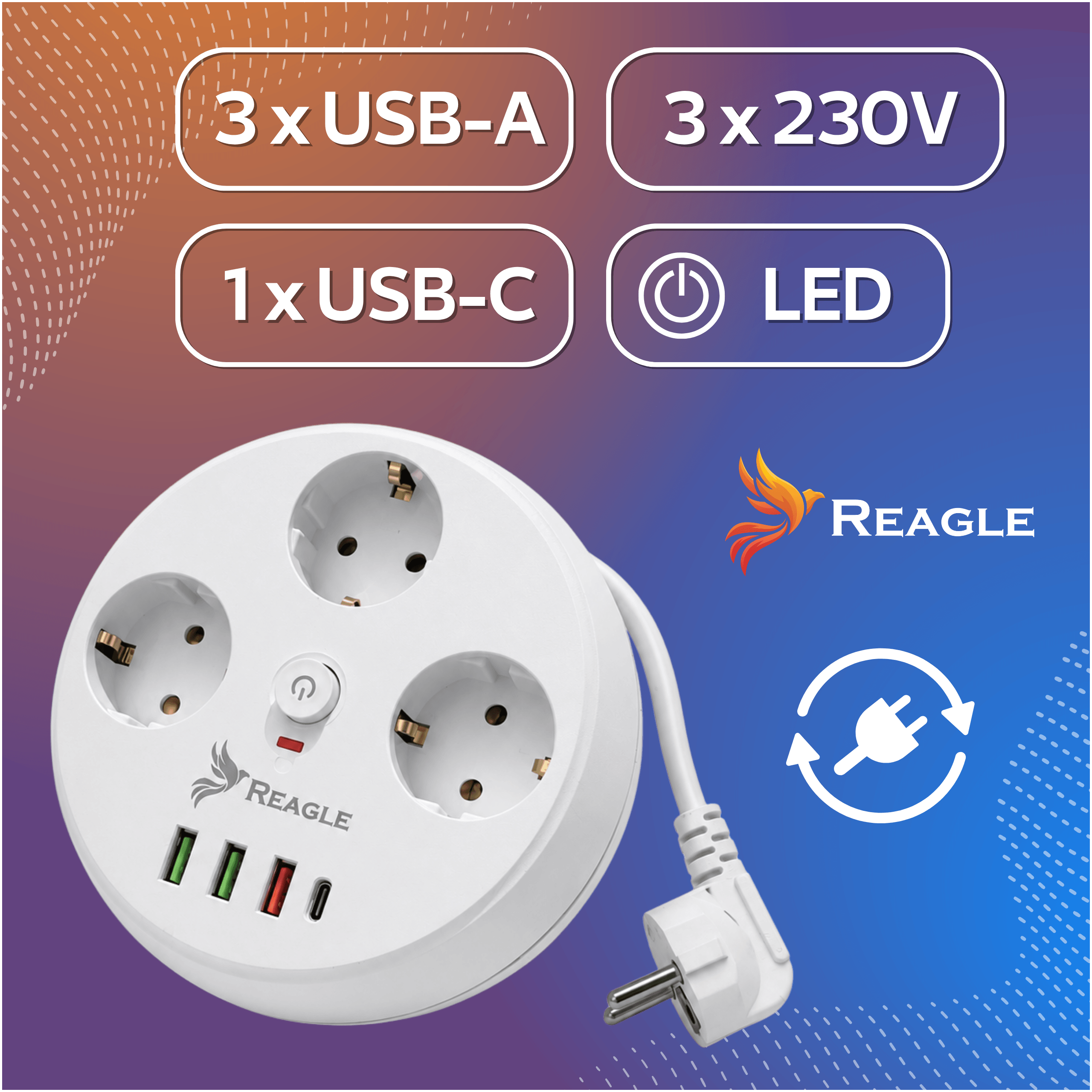 Obraz przedstawia białą listwę zasilającą z trzema gniazdami 230V i czterema portami USB (trzy USB-A i jeden USB-C). Na tle widoczne są napisy: \'3 x USB-A\', \'3 x 230V\', \'1 x USB-C\', \'LED\' oraz logo \'Reagle\'.