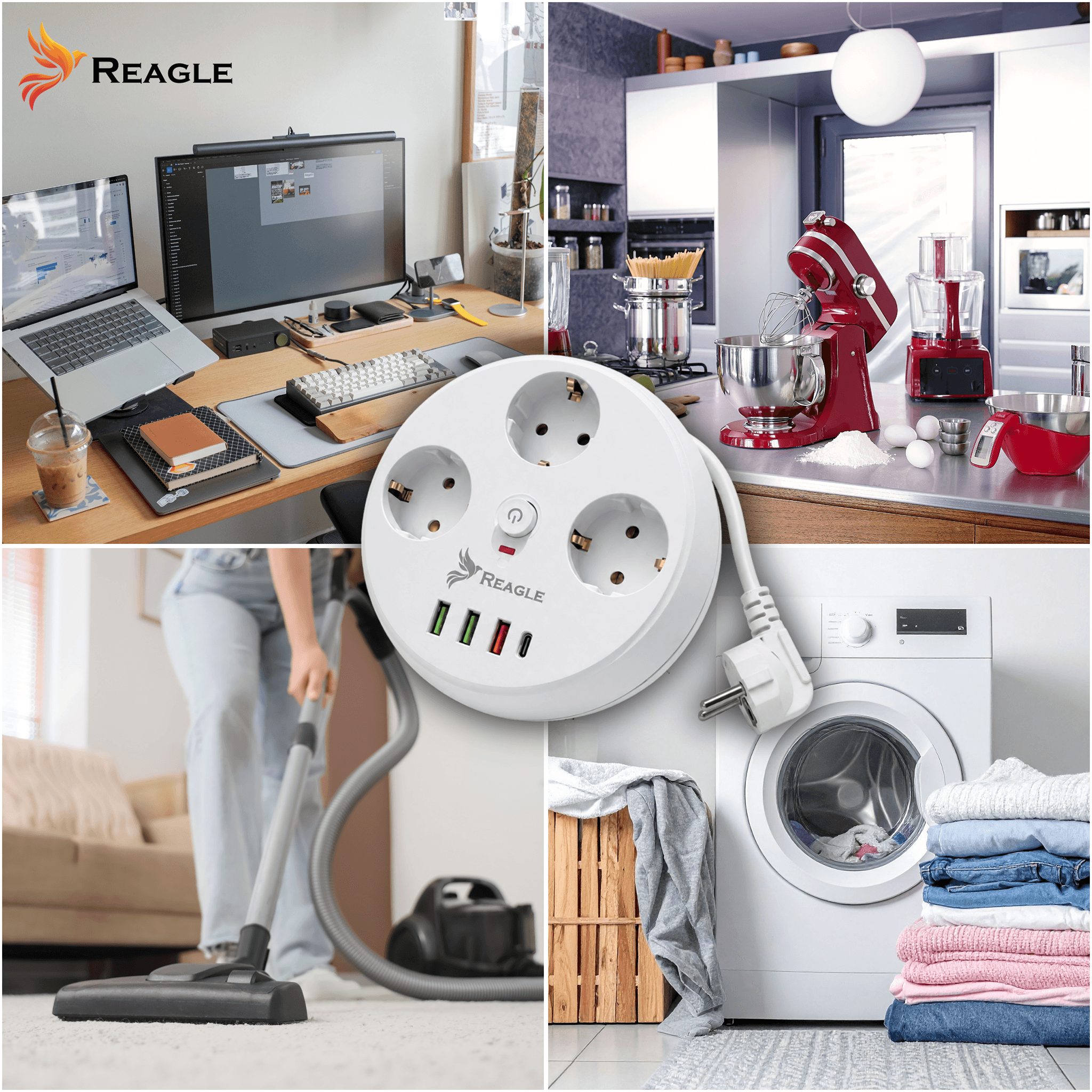 Obraz przedstawia okrągłą listwę zasilającą z trzema gniazdami i czterema portami USB, z logo \'REAGLE\'. W tle widoczne są różne sceny domowe, takie jak biurko z komputerem, kuchnia z mikserem oraz pralka z praniem.