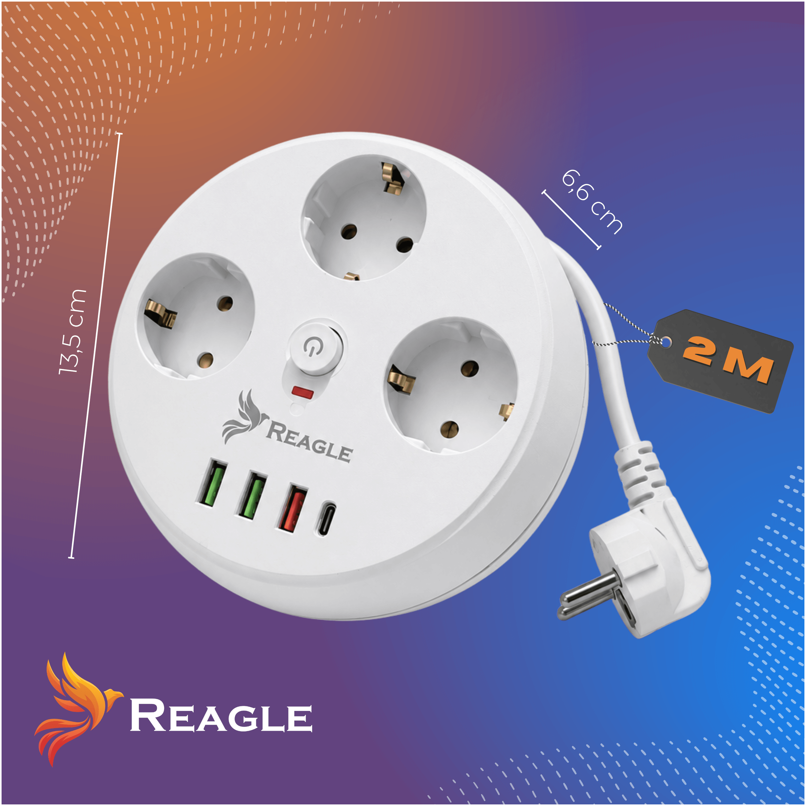 Biała listwa zasilająca z trzema gniazdami i czterema portami USB (trzy USB-A i jeden USB-C), z logo Reagle. Wymiary to 13,5 cm i 6,6 cm, a długość kabla wynosi 2 m.