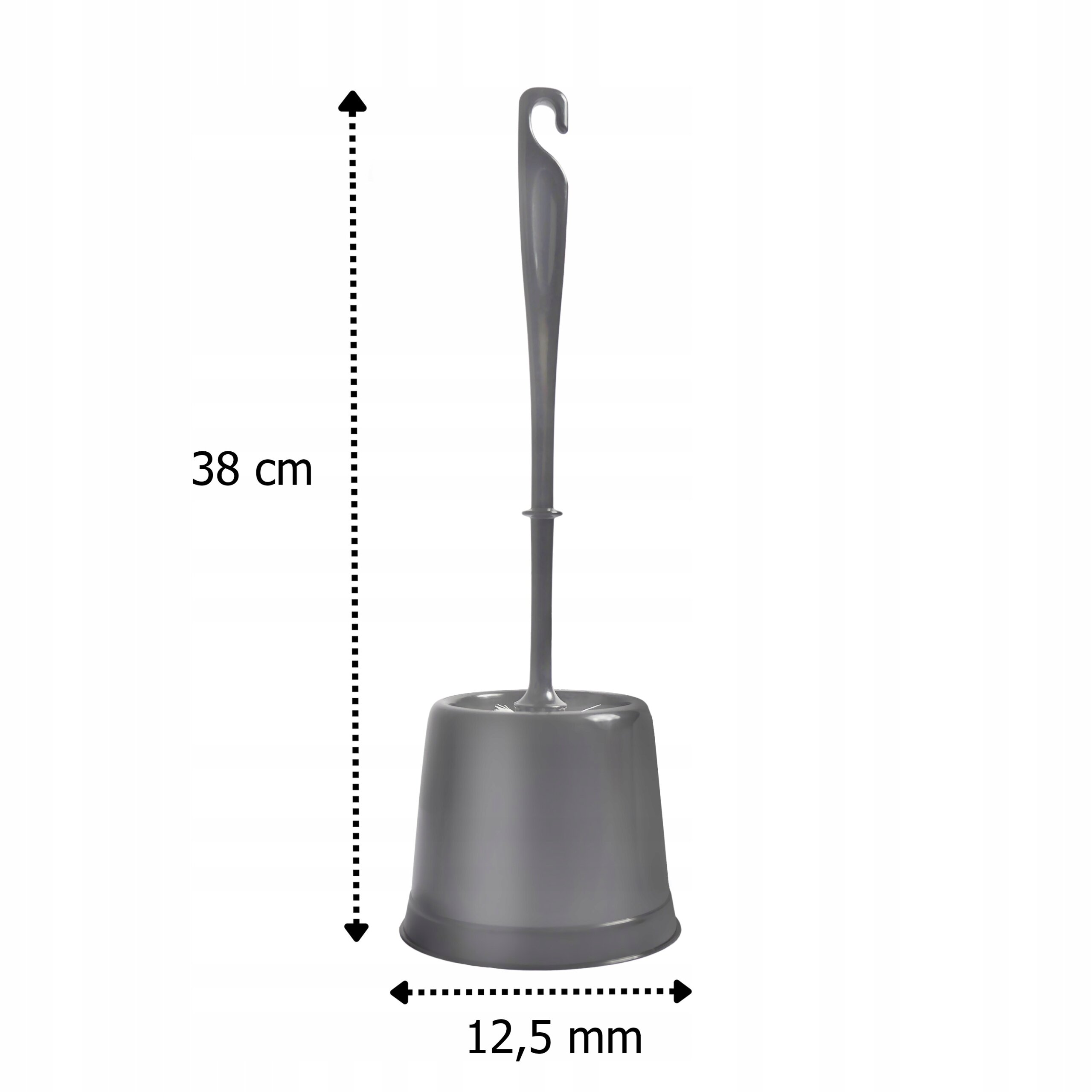 Szara szczotka do WC z pojemnikiem, o wysokości 38 cm i średnicy 12,5 mm. Produkt ma prosty, funkcjonalny design.