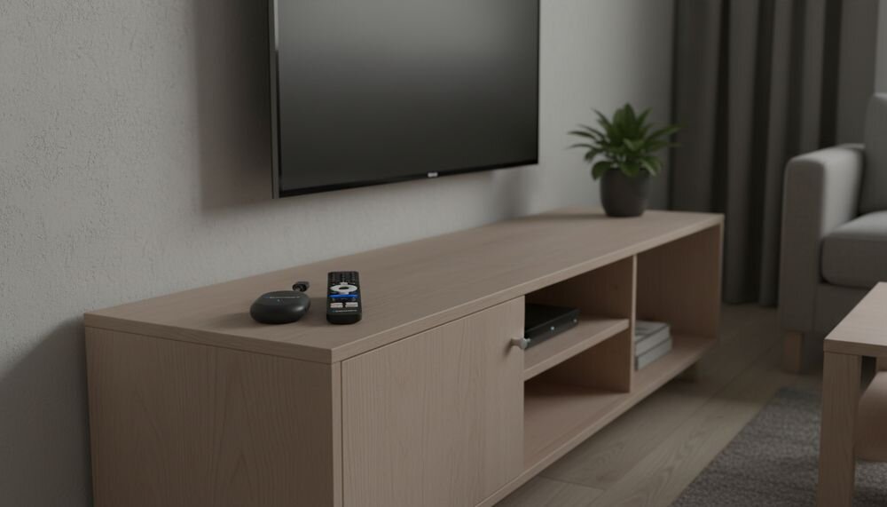 Odtwarzacz multimedialny BLAUPUNKT Google TV Stick A-Stream Box 2 z Google TV, procesorem ARM Cortex-A53, 2 GB RAM i pamięcią 32 GB, urządzenie na komodzie w pomieszczeniu
