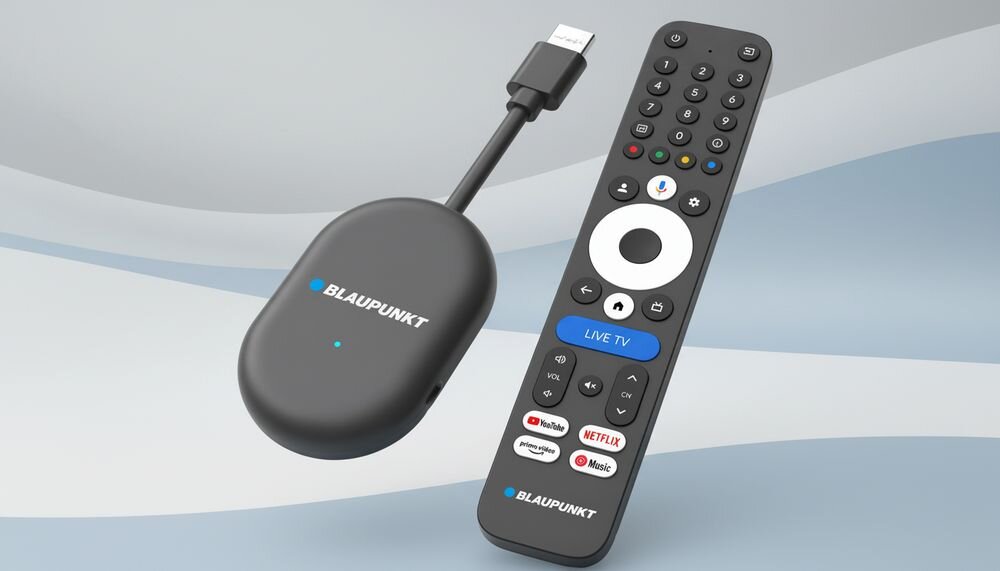 Odtwarzacz multimedialny BLAUPUNKT Google TV Stick A-Stream Box 2 z rozdzielczością 4K 120 kl./s, HDR10+, HLG i Dolby Atmos, urządzenie na jasnym tle