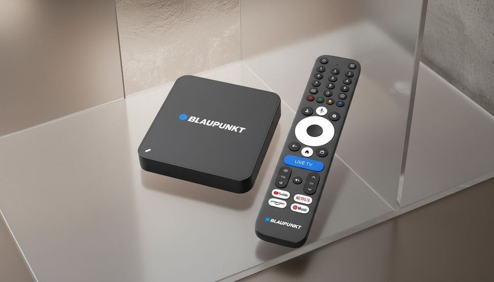Odtwarzacz multimedialny BLAUPUNKT Google TV B-Stream Box 3 do telewizora z obrazem 4K i systemem Google TV, urządzenie wraz z pilotem na szklanej półce