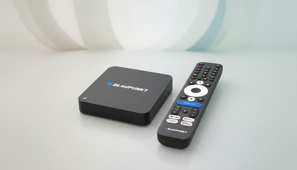 Odtwarzacz multimedialny BLAUPUNKT Google TV B-Stream Box 3 z systemem Google TV 3.0, procesorem ARM Cortex-A53, 2 GB RAM i pamięcią 32 GB, urządzenie wraz z pilotem na blacie