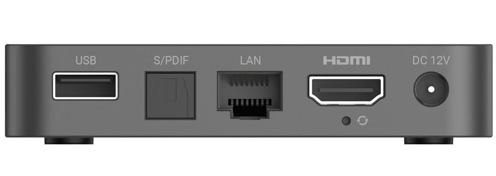 Odtwarzacz multimedialny BLAUPUNKT Google TV B-Stream Box 3 ze złączami HDMI, USB-A, USB-C i Ethernet oraz zestawem zasilacza, kabla HDMI, pilota i baterii, urządzenie na białym tle