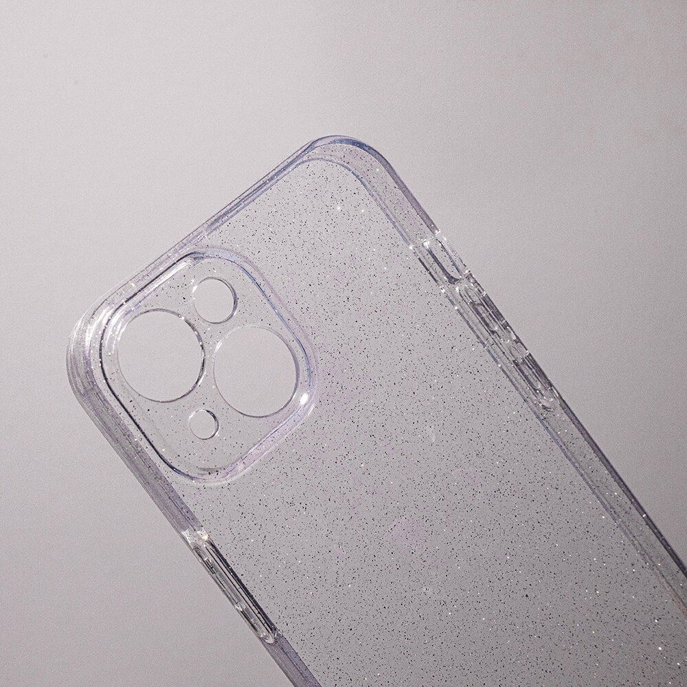 Przezroczysta nakładka na telefon z brokatowym wykończeniem, posiada wycięcia na aparat i przyciski.