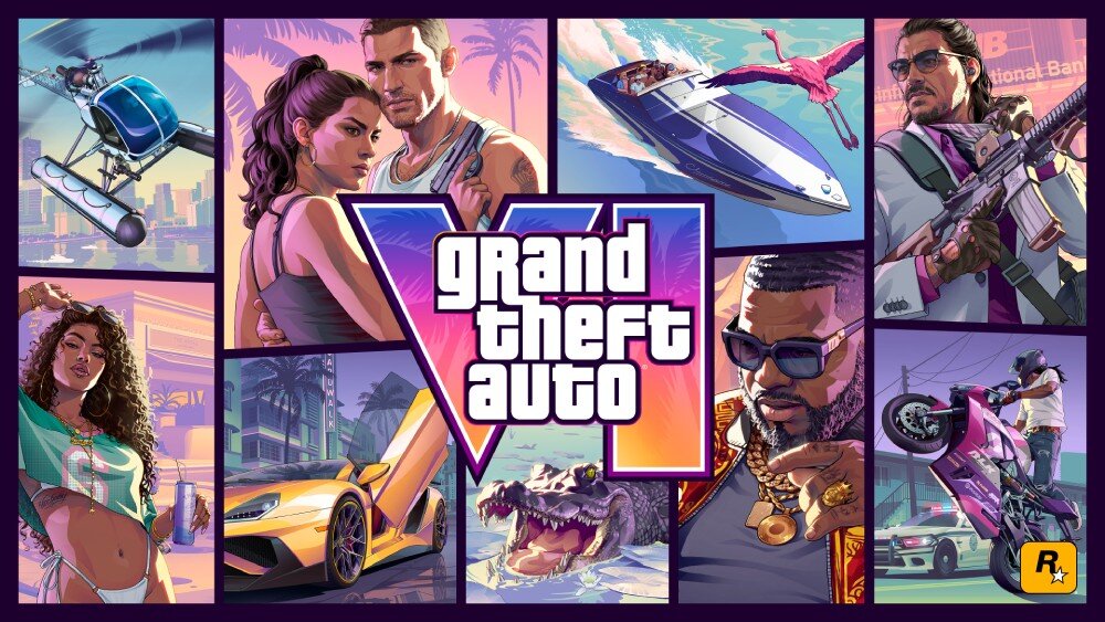 Grand Theft Auto VI Kolaż różnych scen przedstawiających miasto, postacie, luksusowy samochód, aligatora oraz lecący helikopter, z dużym napisem 'Grand Theft Auto VI' pośrodku