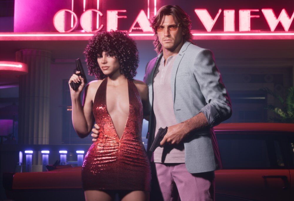 Grand Theft Auto VI Kobieta w błyszczącej sukience mini i mężczyzna w jasnej marynarce oraz okularach stoją obok samochodu przed budynkiem z neonowym napisem 'Ocean View'