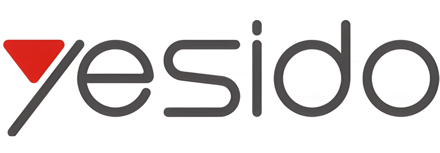Logo z napisem \'yesido\' z czerwonym trójkątem skierowanym w dół przed literą \'y\'.