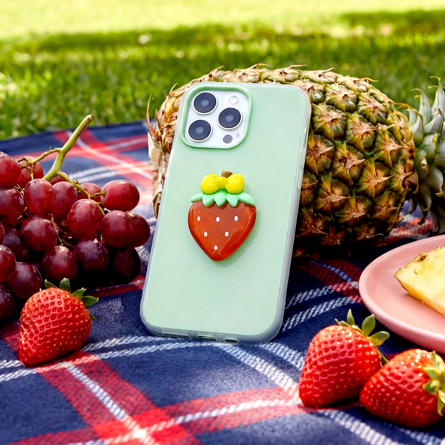 Zielona nakładka na telefon z motywem truskawki leży na kocu w otoczeniu owoców, takich jak winogrona, truskawki i ananas.