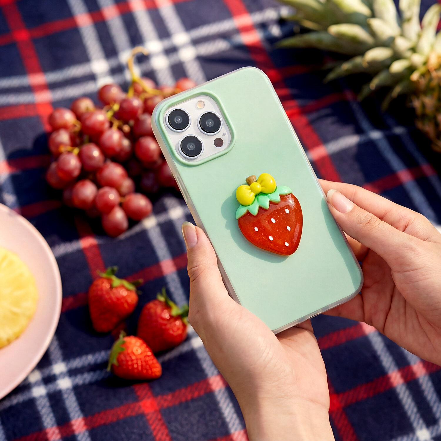 Osoba trzyma zieloną nakładkę na telefon z ozdobą w kształcie truskawki. W tle widoczne są winogrona, truskawki i ananas na kraciastej tkaninie.
