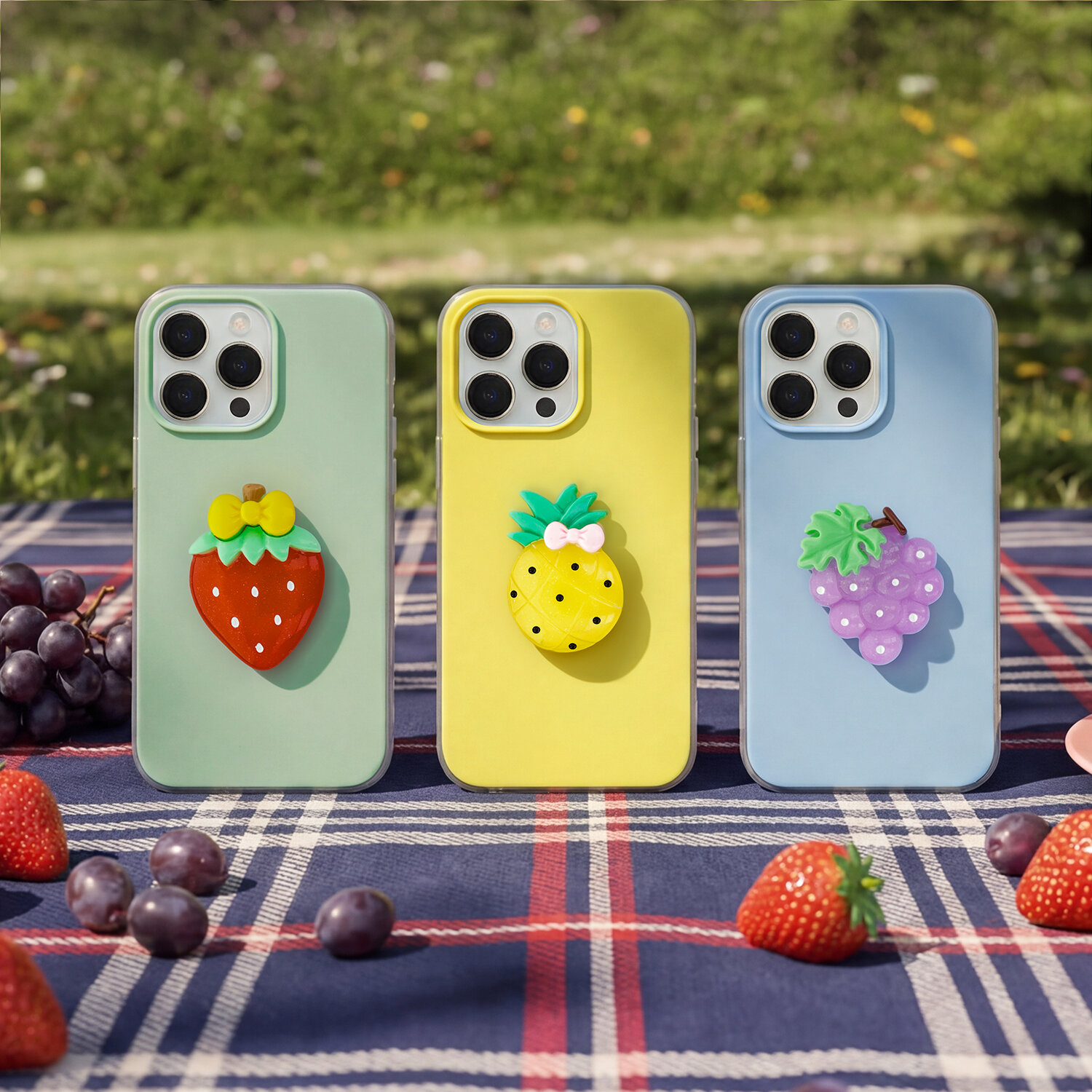 Trzy etui na telefony z motywami owoców: truskawka na zielonym tle, ananas na żółtym tle i winogrona na niebieskim tle, leżą na kraciastej tkaninie. W tle widoczna jest trawa i rozmyte elementy natury.