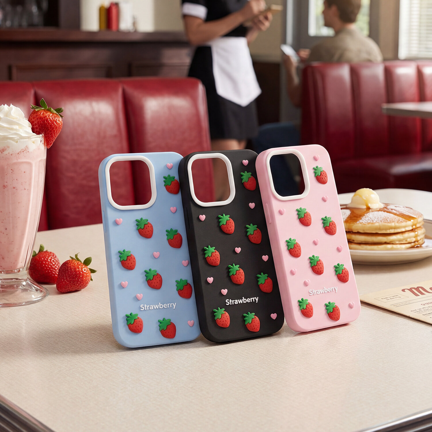 Na stole znajdują się trzy etui na telefon z motywem truskawek i serduszek, w kolorach niebieskim, czarnym i różowym, z napisem \'Strawberry\'. W tle widać wnętrze kawiarni z czerwoną kanapą i osobą w stroju kelnerki.