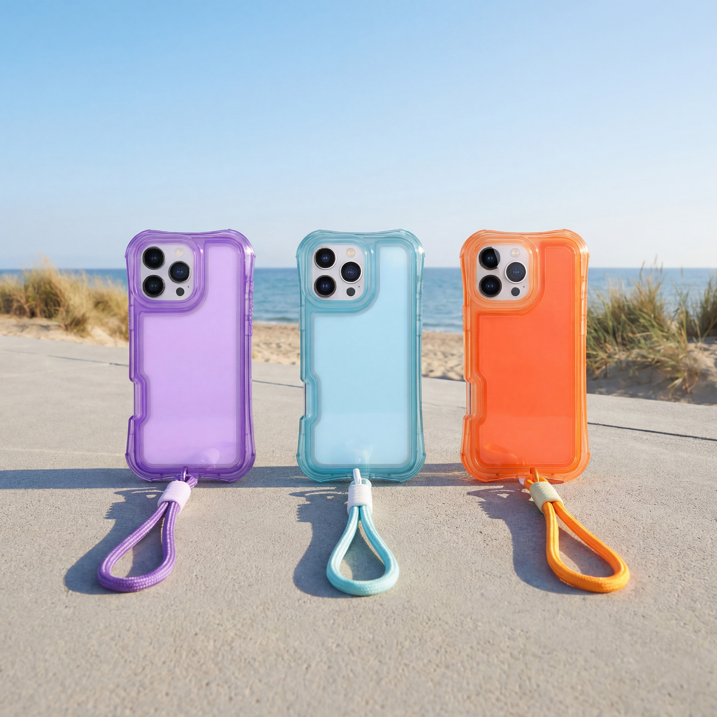 Trzy przezroczyste etui na telefon w kolorach fioletowym, niebieskim i pomarańczowym, każde z dołączoną smyczą, ustawione na tle plaży i morza.