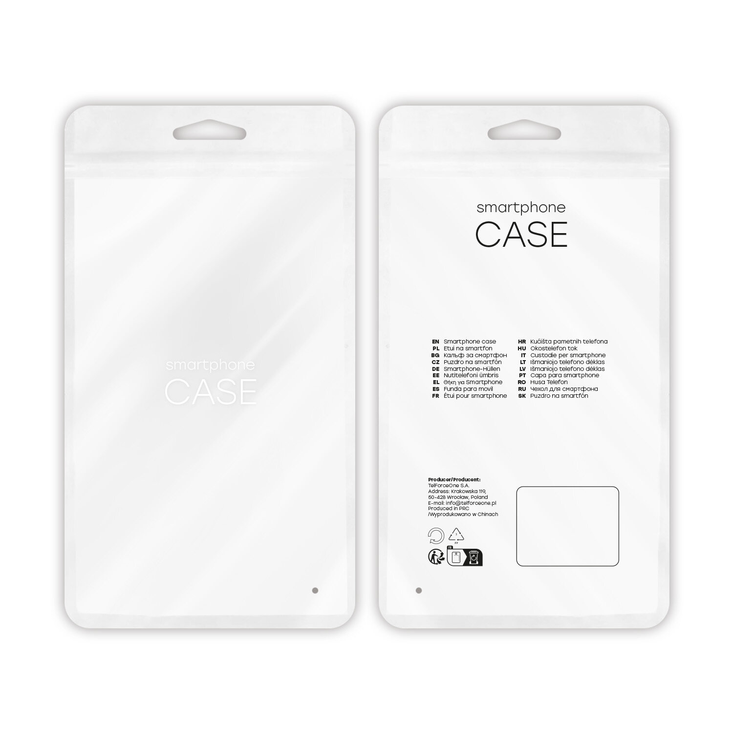 Opakowanie na etui do smartfona z napisem \'smartphone CASE\'. Z tyłu opakowania znajduje się lista w różnych językach oraz informacje o producencie.