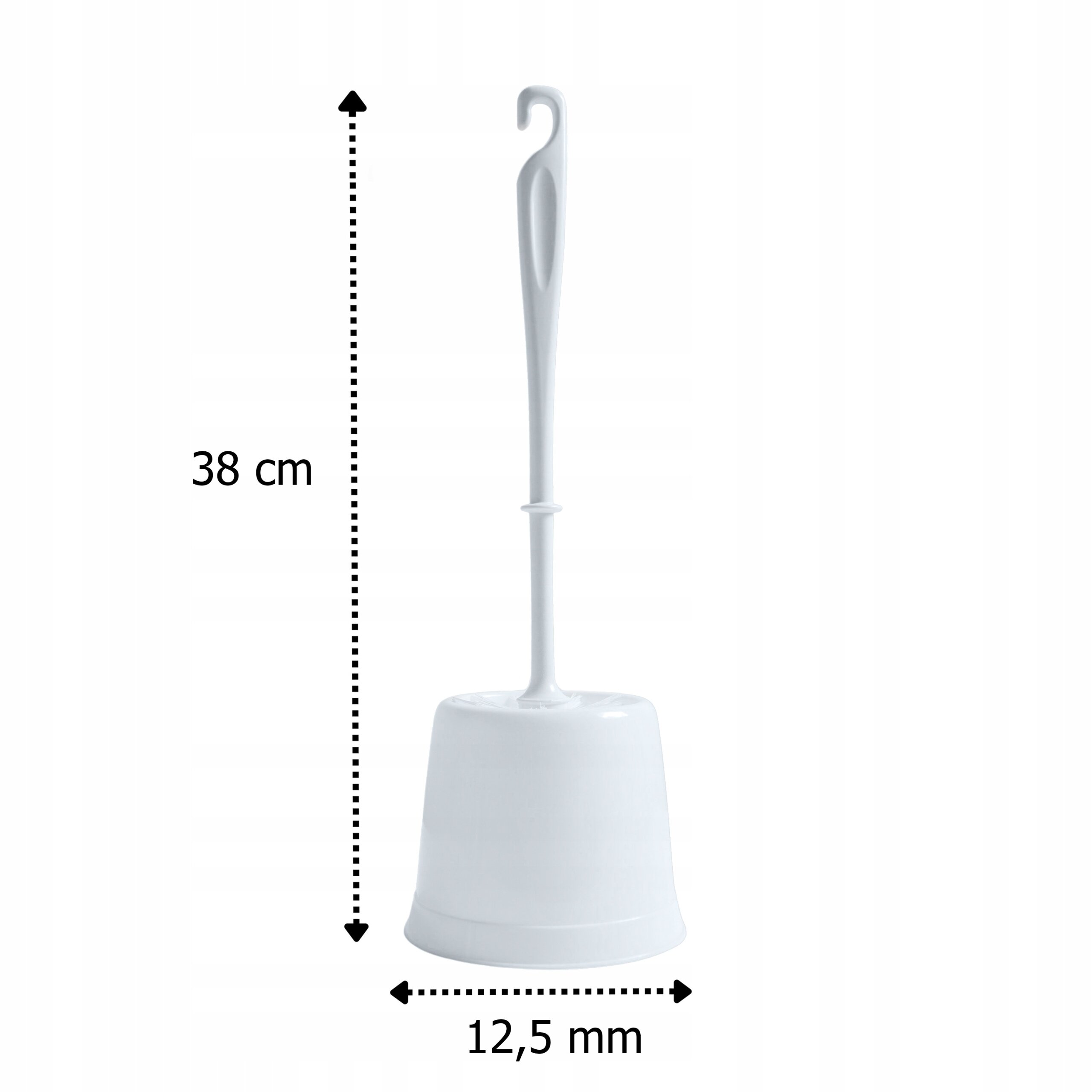 Biała szczotka do WC z pojemnikiem, o wysokości 38 cm i średnicy 12,5 mm. Uchwyt szczotki zakończony jest haczykiem.