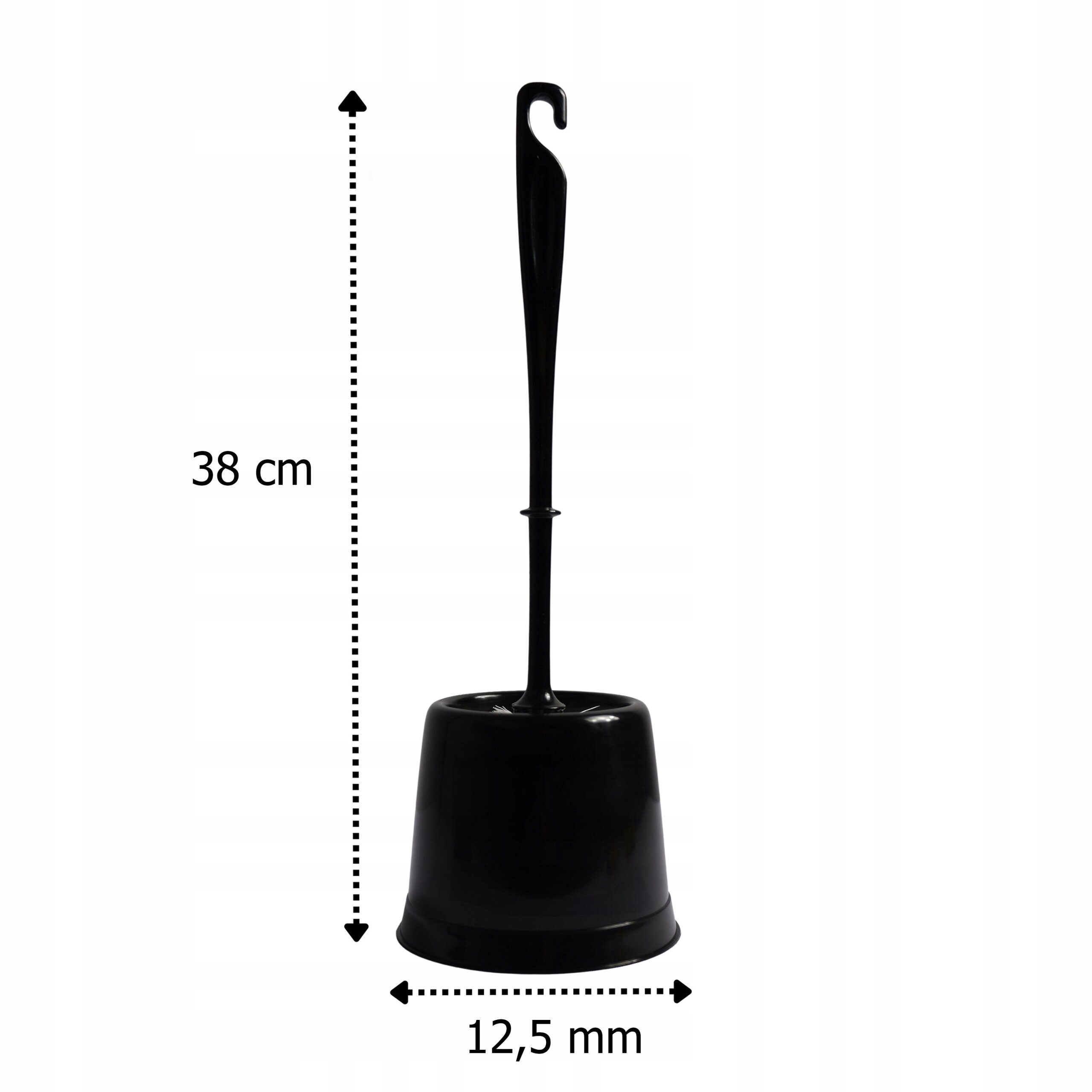 Czarna szczotka do WC z pojemnikiem, o wysokości 38 cm i średnicy 12,5 mm. Produkt ma prosty, elegancki design.