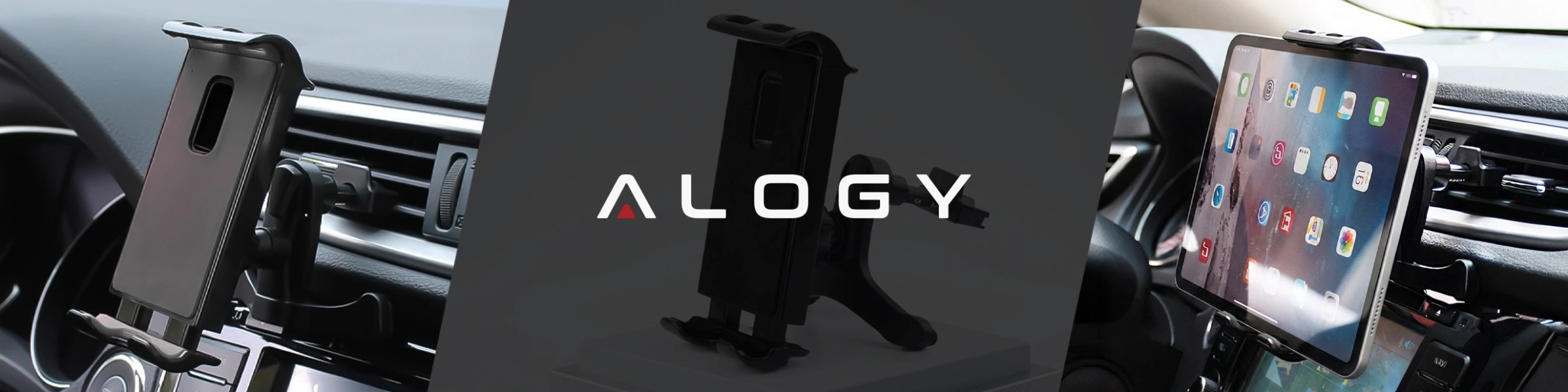 Obraz przedstawia uchwyt samochodowy na telefon lub tablet zamontowany na kratce wentylacyjnej w samochodzie. Na środku widoczne jest logo \'ALOGY\'.