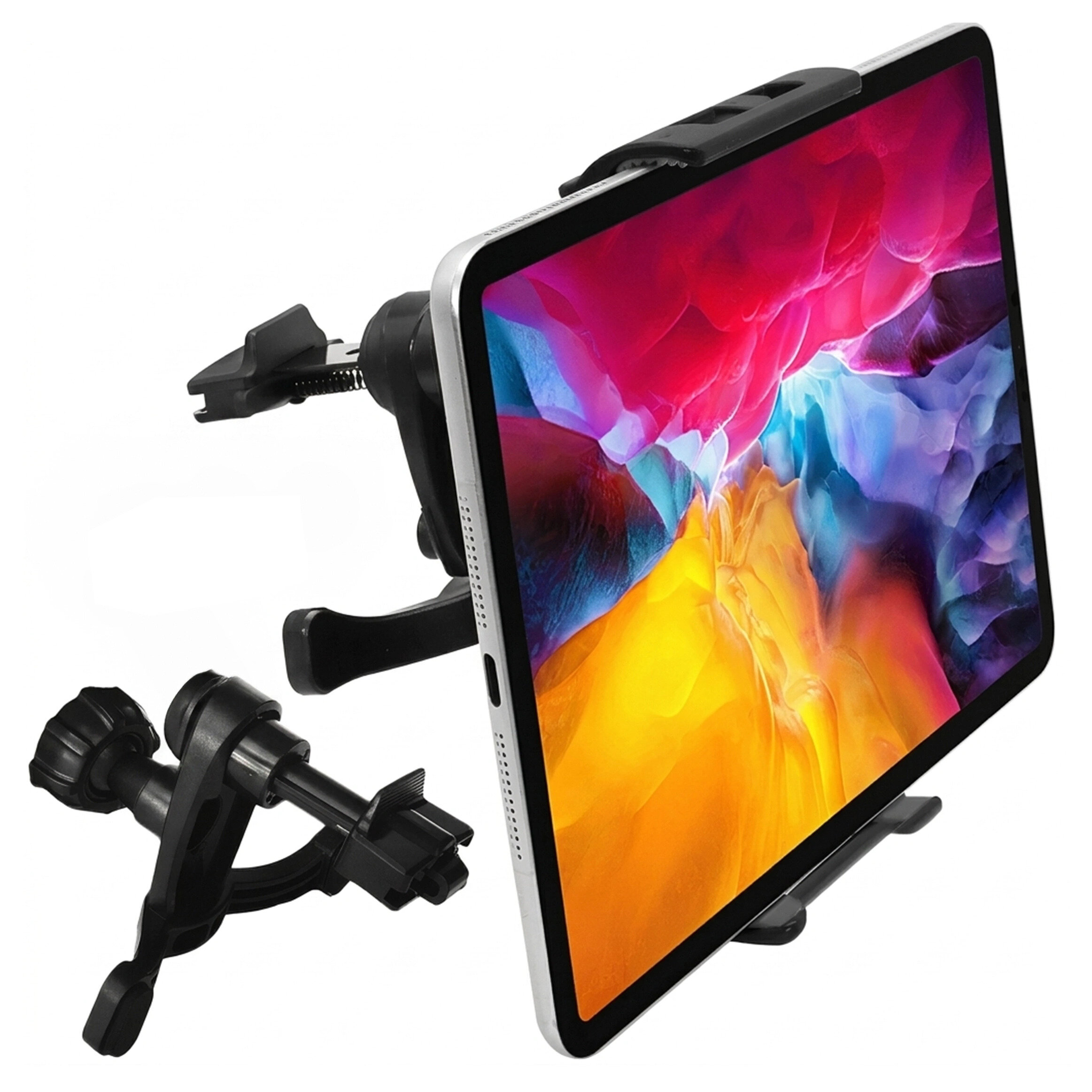 Na obrazie widoczny jest czarny uchwyt samochodowy zamontowany na tablecie z kolorowym ekranem. Uchwyt posiada mechanizm mocujący do kratki wentylacyjnej.