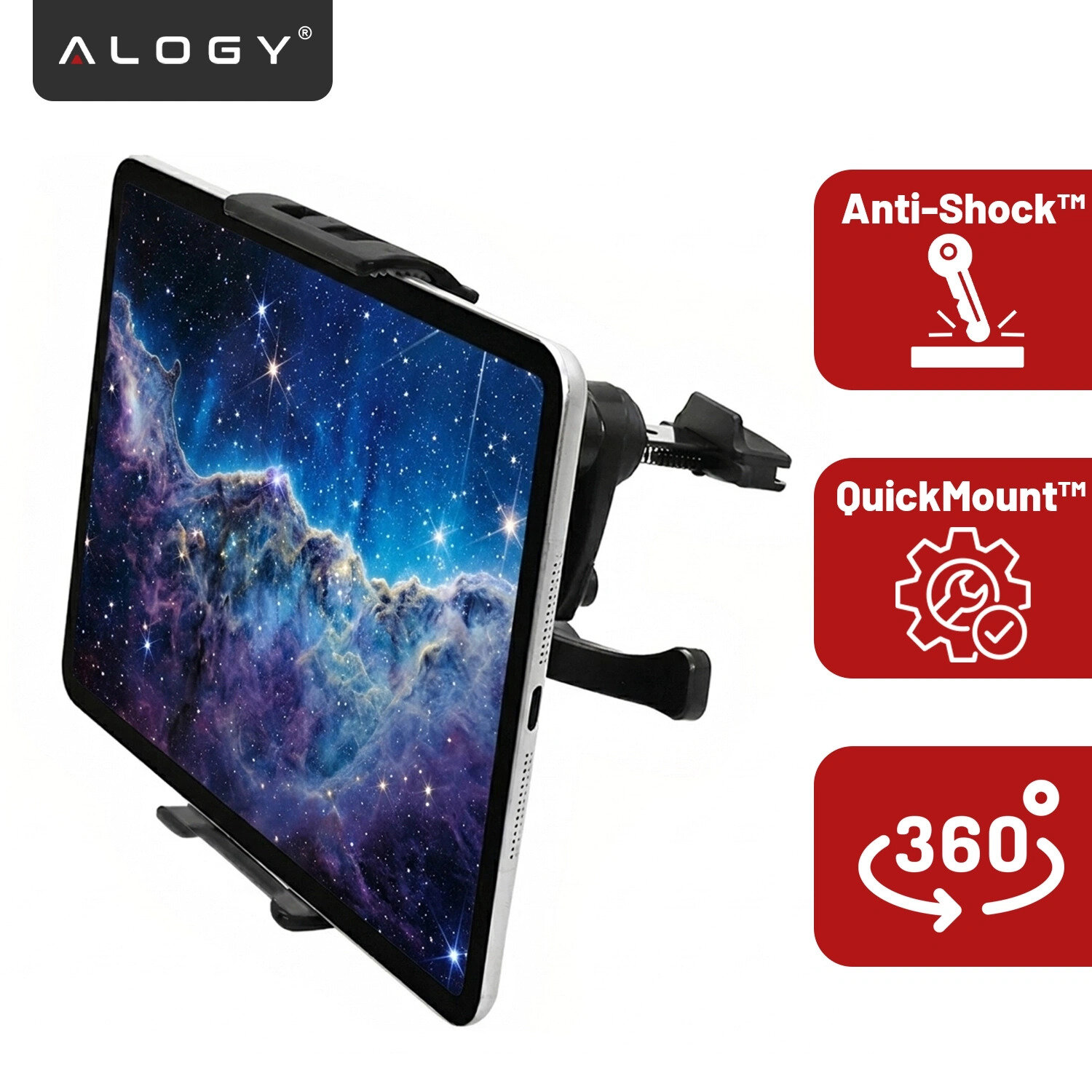 Uchwyt samochodowy na telefon lub tablet zamontowany w kratce wentylacyjnej, z widocznym logo \'ALOGY\'. Obok znajdują się ikony z napisami: \'Anti-Shock™\', \'QuickMount™\' oraz \'360°\'.