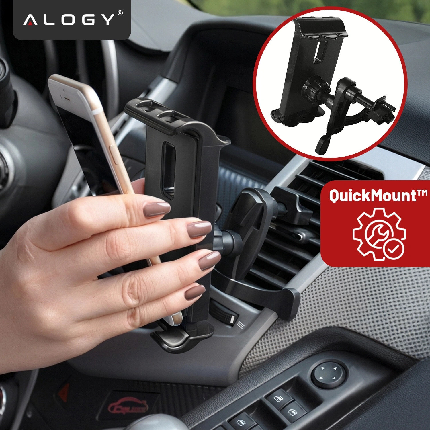 Osoba montuje czarny uchwyt samochodowy na telefon w kratce wentylacyjnej pojazdu. W lewym górnym rogu widoczne jest logo \'ALOGY\', a w prawym dolnym napis \'QuickMount™\' z ikoną narzędzi.