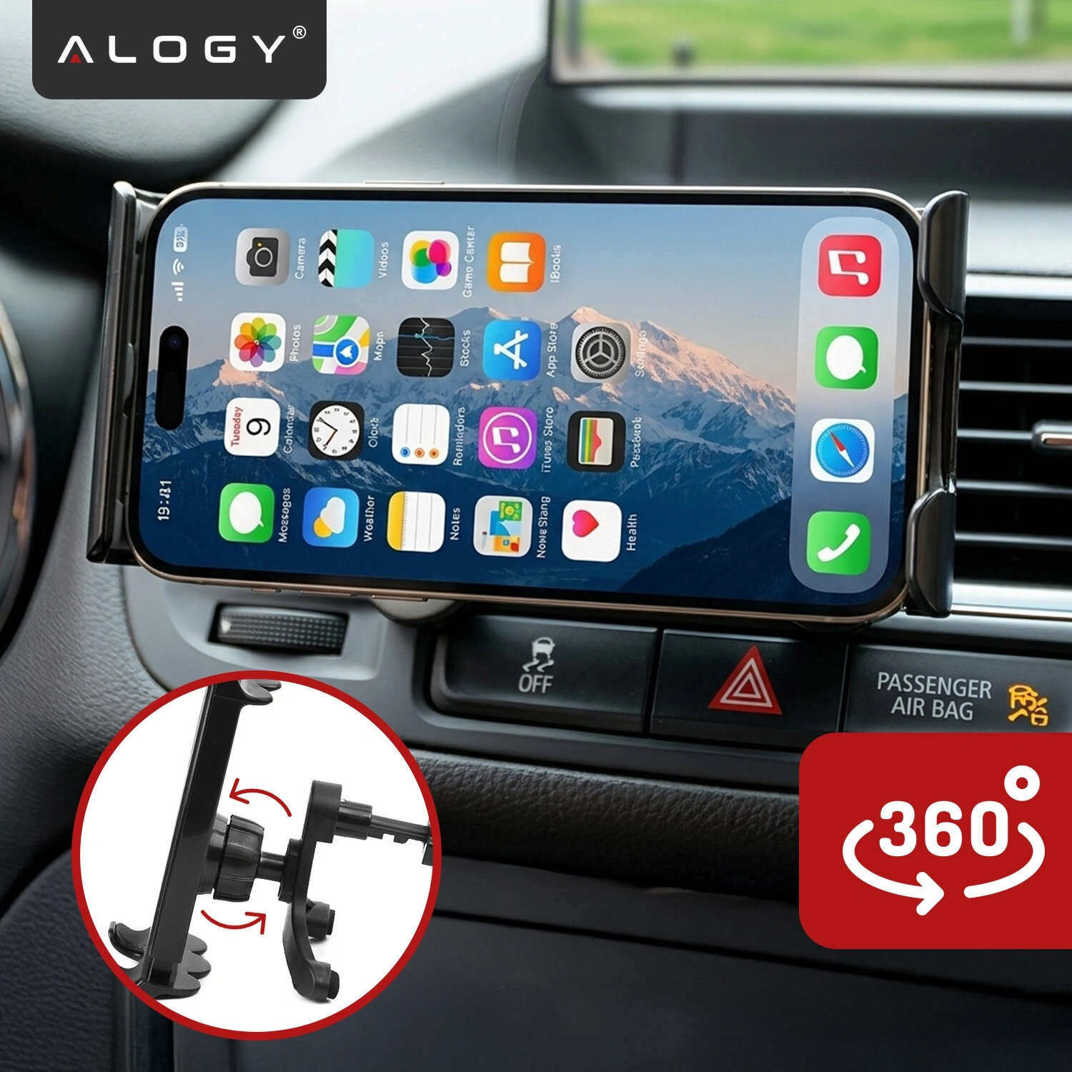 Czarny uchwyt samochodowy na telefon zamontowany na kratce wentylacyjnej, trzymający smartfon z widocznym ekranem głównym. Logo \'ALOGY\' w lewym górnym rogu oraz ikona 360° w prawym dolnym rogu.