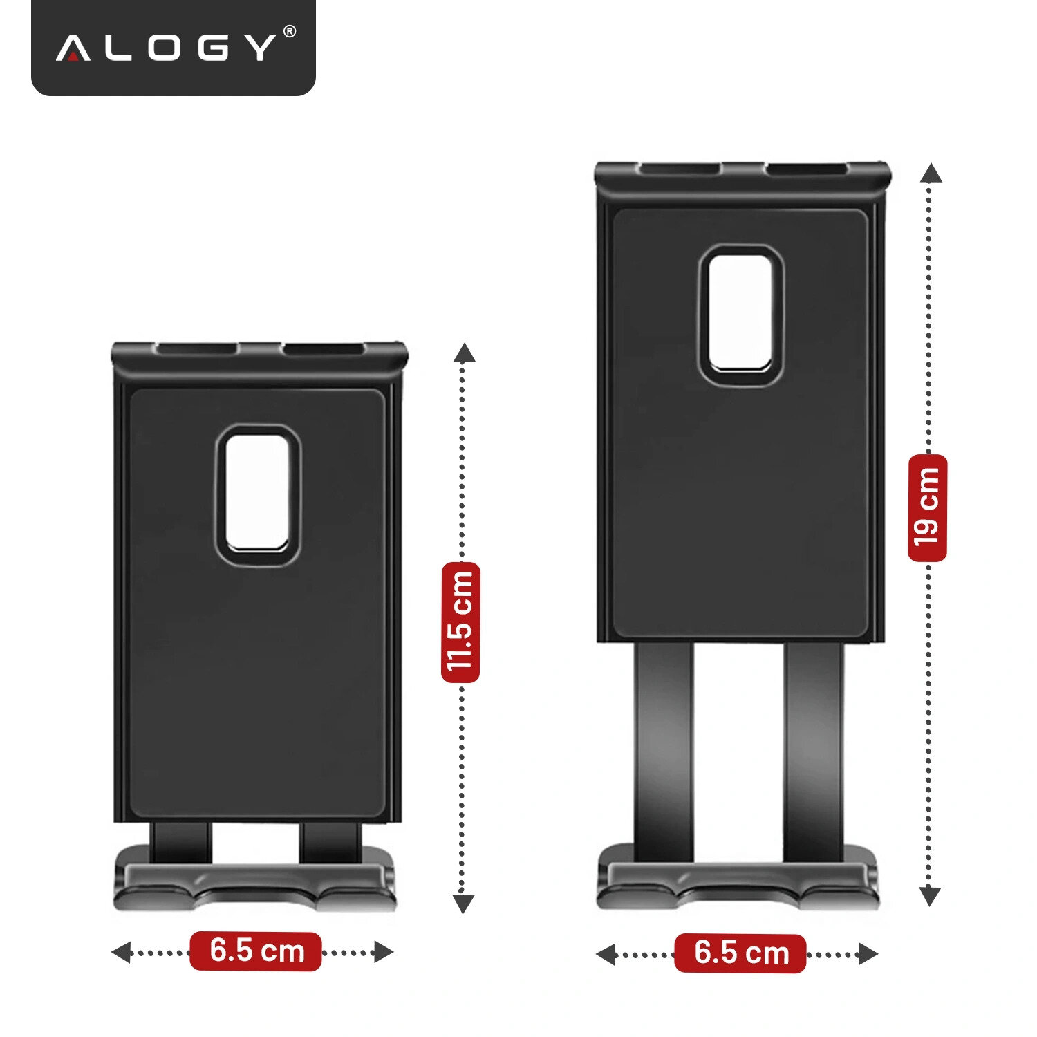 Obraz przedstawia dwa czarne uchwyty samochodowe na telefon z logo \'ALOGY\' w lewym górnym rogu. Wymiary uchwytów to 11,5 cm i 19 cm wysokości oraz 6,5 cm szerokości.