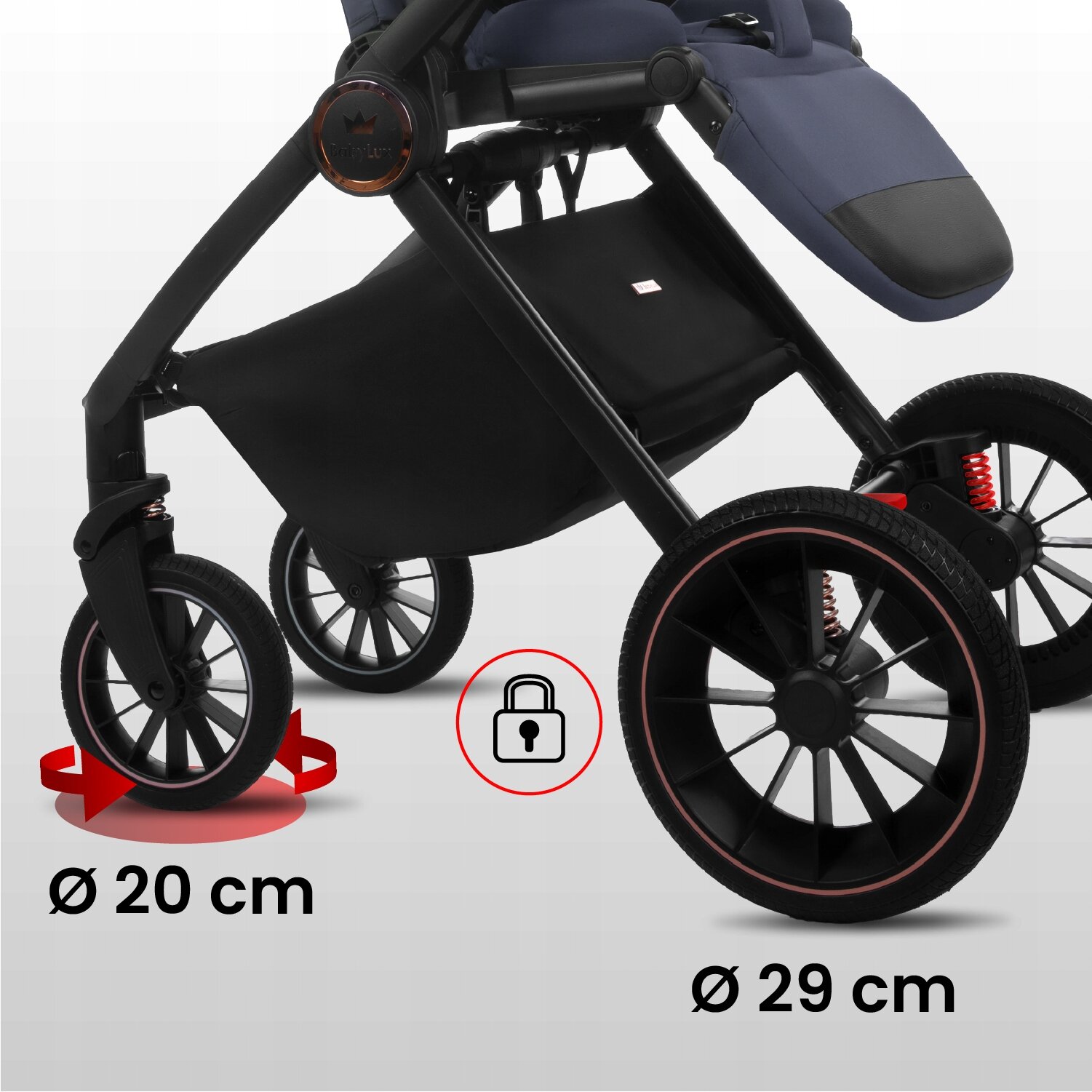 Obraz przedstawia dolną część wózka dziecięcego z czarnymi kołami o średnicach 20 cm i 29 cm. Na środku znajduje się ikona kłódki w czerwonym okręgu.