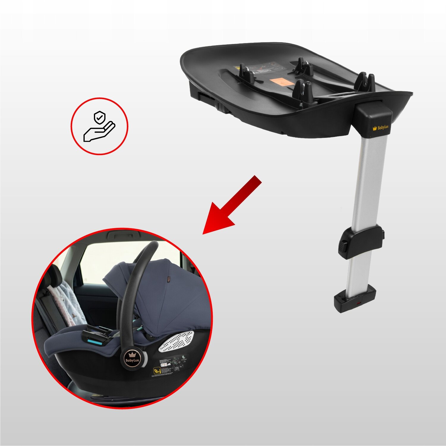 Obraz przedstawia bazę ISOFIX z logo \'BabyLux\' oraz fotelik samochodowy zamontowany w samochodzie. Na obrazie widoczna jest również czerwona strzałka wskazująca na fotelik.
