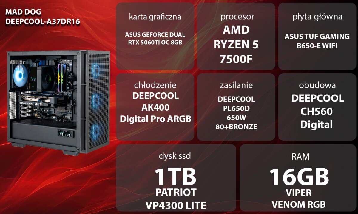 Obraz przedstawia komputer z podświetleniem RGB oraz specyfikację techniczną: karta graficzna ASUS GeForce Dual RTX 5060Ti OC 8GB, procesor AMD Ryzen 5 7500F, płyta główna ASUS TUF Gaming B650-E WiFi, chłodzenie DEEPCOOL AK400 Digital Pro ARGB, zasilanie DEEPCOOL PL650D 650W 80+Bronze, obudowa DEEPCOOL CH560 Digital, dysk SSD 1TB Patriot VP4300 Lite, RAM 16GB Viper Venom RGB.