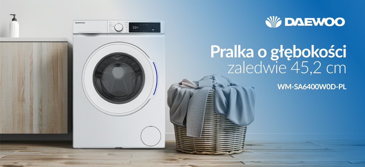 PRALKA DAEWOO WM-SA6400W0D-PL Pralka Daewoo o głębokości 45,2 cm. Kompaktowe wymiary ułatwiają ustawienie w mniejszych pomieszczeniach