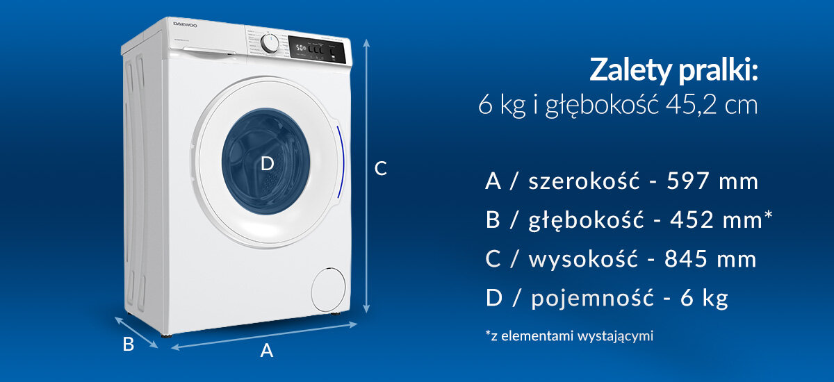 PRALKA DAEWOO WM-SA6400W0D-PL Grafika przedstawia wymiary pralki Daewoo: 597 mm szerokości, 452 mm głębokości i 845 mm wysokości. Pojemność bębna wynosi 6 kg pralka slim 41,6 cm pojemność 6 kg mała łazienka oszczędność miejsca