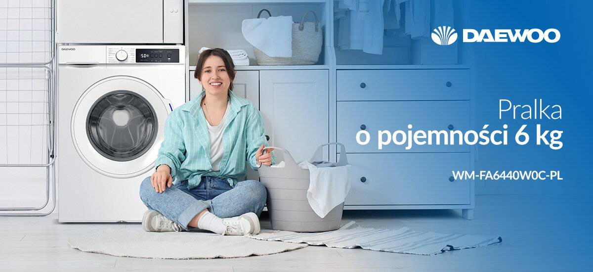 PRALKA DAEWOO WM-FA6440W0C-PL Pralka Daewoo o pojemności 6 kg. Grafika prezentuje model WM‑FA6440W0C‑PL