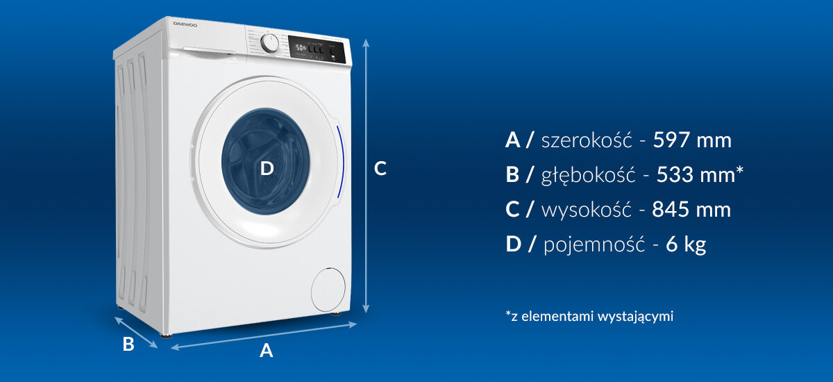 PRALKA DAEWOO WM-FA6440W0C-PL Grafika przedstawia wymiary pralki Daewoo: 597 mm szerokości, 533 mm głębokości i 845 mm wysokości. Widoczna jest także pojemność bębna wynosząca 6 kg pralka 6 kg kompaktowe wymiary mała łazienka oszczędność miejsca
