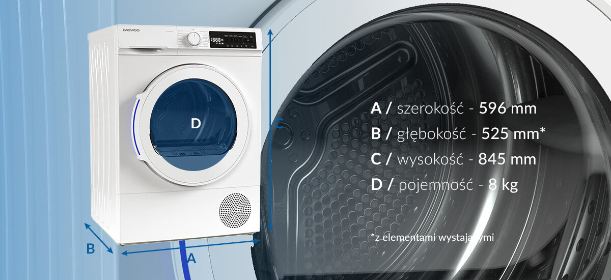 SUSZARKA DAEWOO TD-C8GP1WE0-PL Grafika prezentuje wymiary suszarki bębnowej Daewoo oraz jej pojemność 8 kg. Widoczne są oznaczenia szerokości 596 mm, głębokości 525 mm i wysokości 845 mm wymiary 84 5 x 59 6 x 52 5 cm kompaktowa głębokość