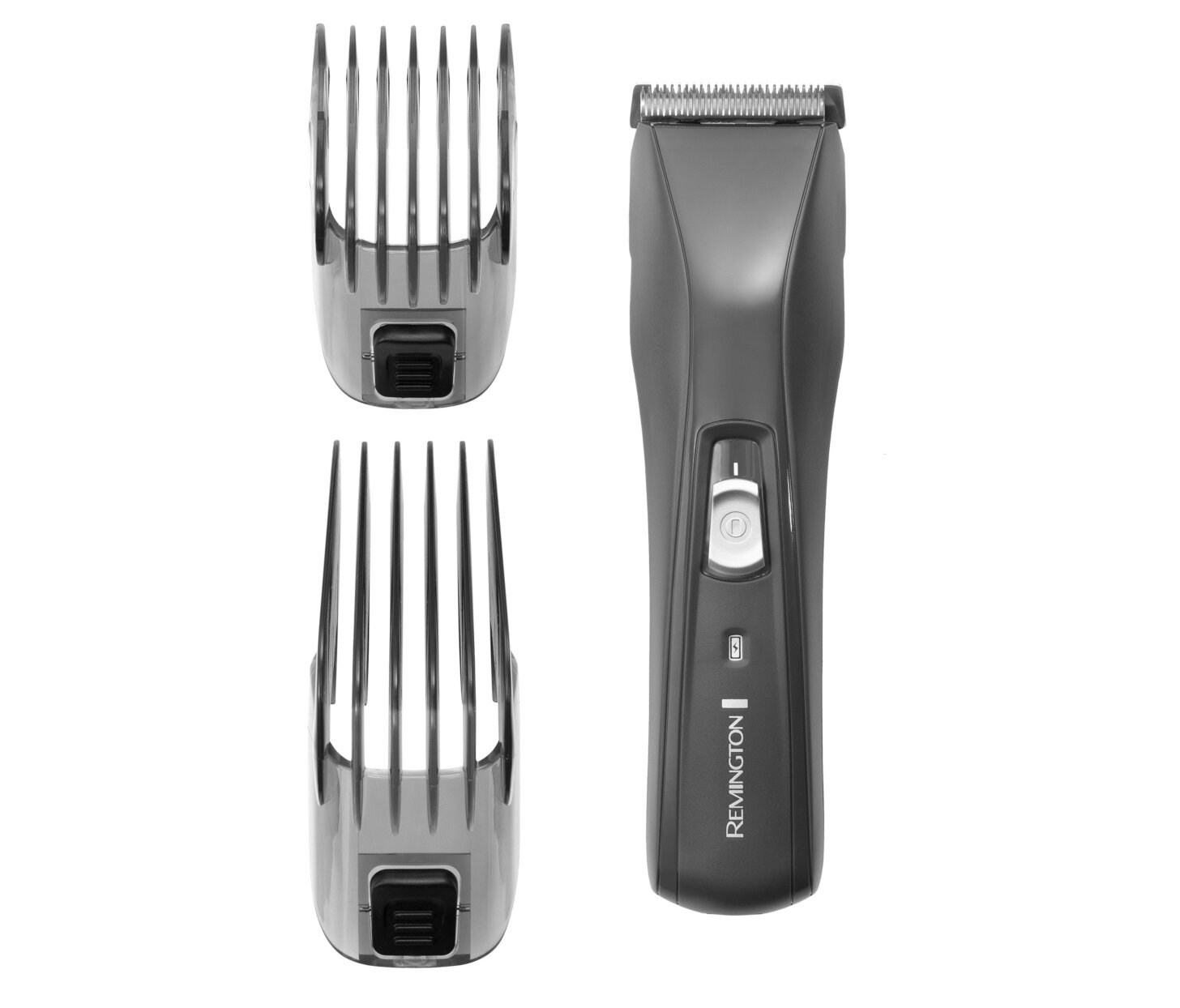 Na obrazie widoczna jest strzyżarka z dwoma nasadkami grzebieniowymi. Na urządzeniu znajduje się logo \'REMINGTON\'.