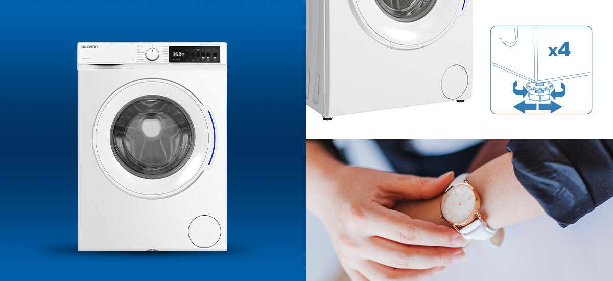 PRALKA DAEWOO WM-FC8514W0NA-PL Pralka Daewoo pokazana na tle grafiki prezentującej dodatkowe funkcje urządzenia. Widoczne są regulowane nóżki oraz funkcja opóźnionego startu symbolizowana zegarkiem Delay Timer opóźnienie startu 23 h regulowane nóżki wygodne planowanie prania