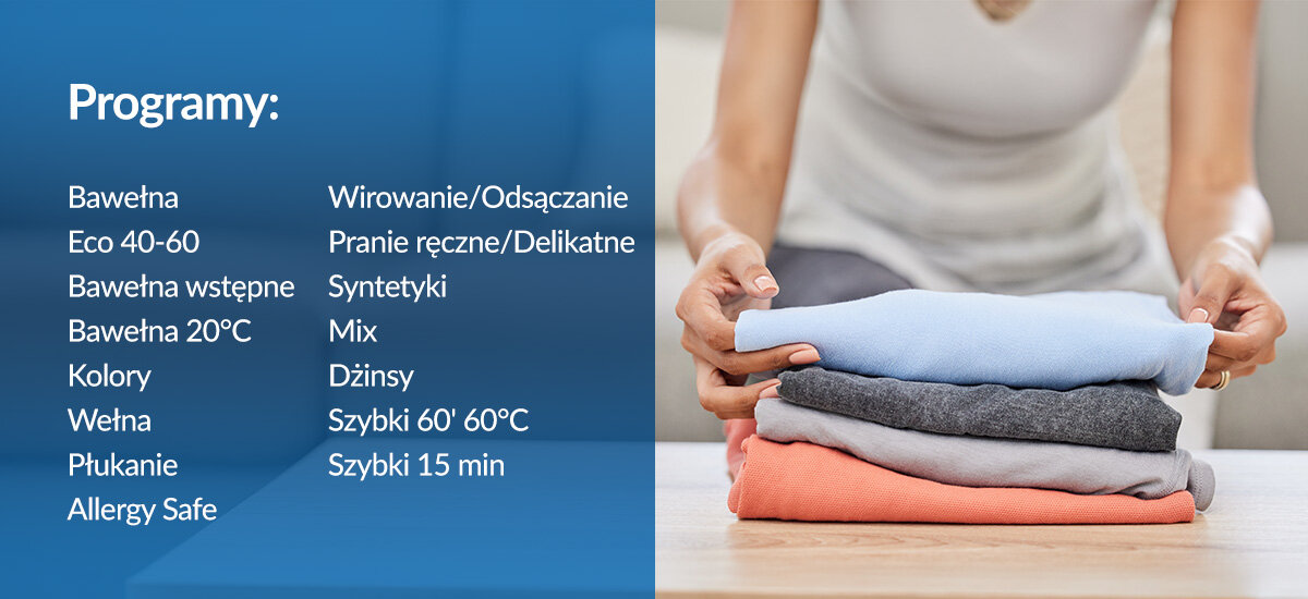 PRALKA DAEWOO WM-FC8514W0NA-PL Lista programów prania, m.in. Szybki 15', Antyalergiczny, Wełna i Eco 40‑60. Szeroki wybór ustawień do różnych tkanin 15 programów prania Eco 40-60 Wełna Mix Szybki 15 min Syntetyki